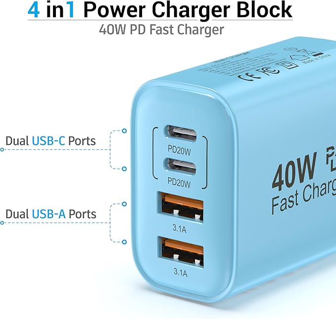 TT&C USB C Block 40W, 4 Ports Wall Plug Fast Charging Block, PD+QC Multiport - Image 3