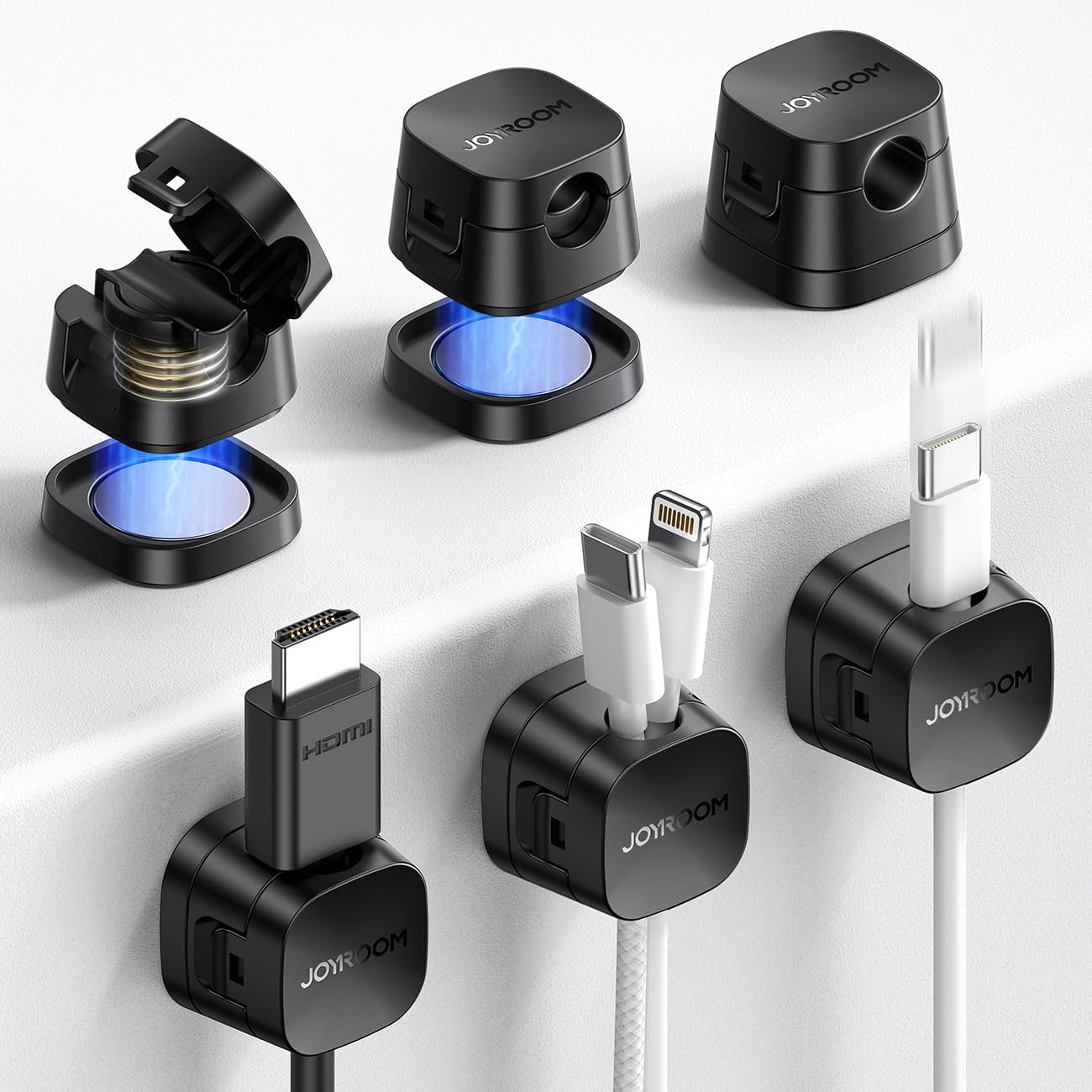 JOYROOM 6-Pack Detachable Magnetic Cord Organizer, Adhesive Cable Clips | Auto-Fit Spring Snap Lock for φ1.5~8mm Cables, Magnetic & Adhesive 2-in-1 Cable Management for Home Nightstand Office Desk