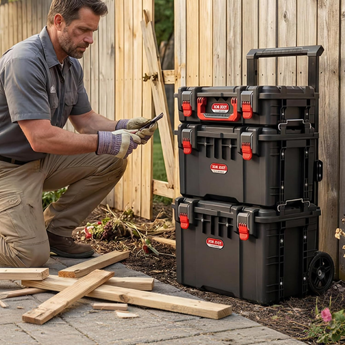 jeko&jeko 3-piece rolling modular tool box system with on a desk or shelf