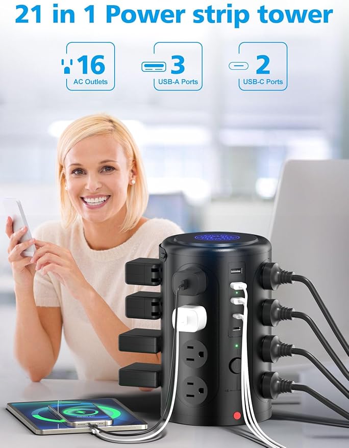Tower Surge Protector Power Strip, 5FT Extension Cord, 1800J Protector Charging - Image 2