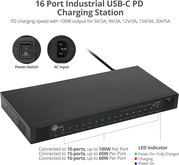 SIIG 16-Port Industrial USB-C PD Charging Station - 1000W - up to 10 USB-C 100W - Image 3