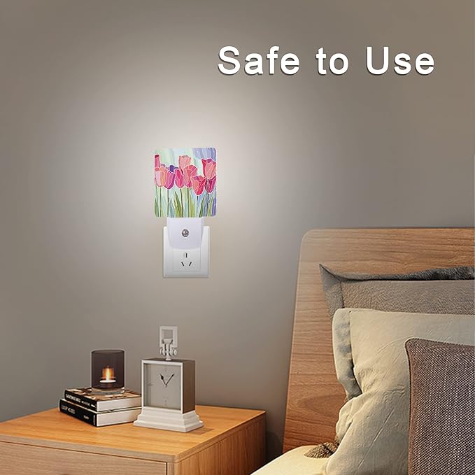 Smoaffly Pink Tulip Flowers Night Light Plug-in LED Nightlights Auto Sensor - Image 6