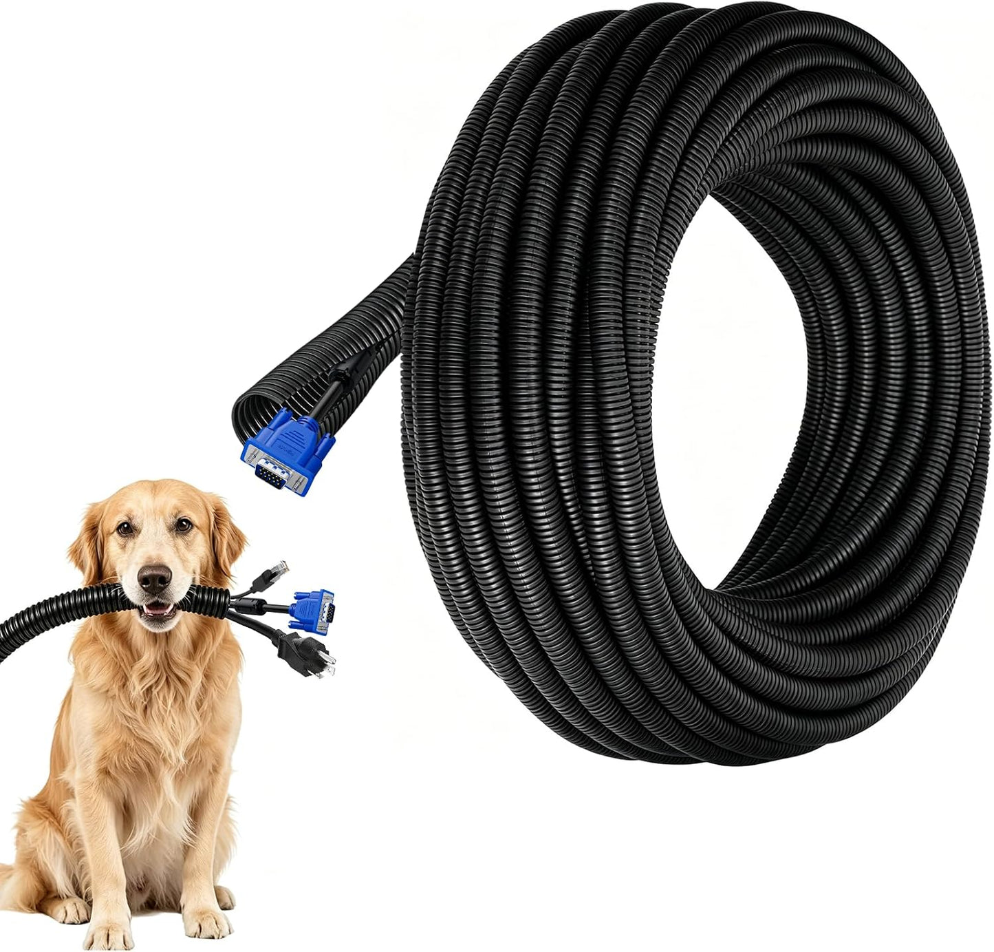 3/5" Wire Loom,Cable Sleeve for Cats, Dogs, Rabbits (3/5" x20 FT - Black) | Open slit,100% new Polypropylene,-22°F to 257°F,cord protectors from pets no chew,wire covers