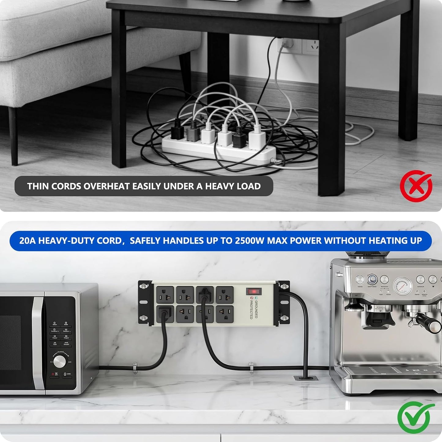 Heavy Duty Power Strip 20 Amp, 12 Gauge Surge Protector, 6FT | 2500W Extension Cord with Multiple Outlets，8 Ports Wall Mount for Garage, Workshop, Shop，Industrial