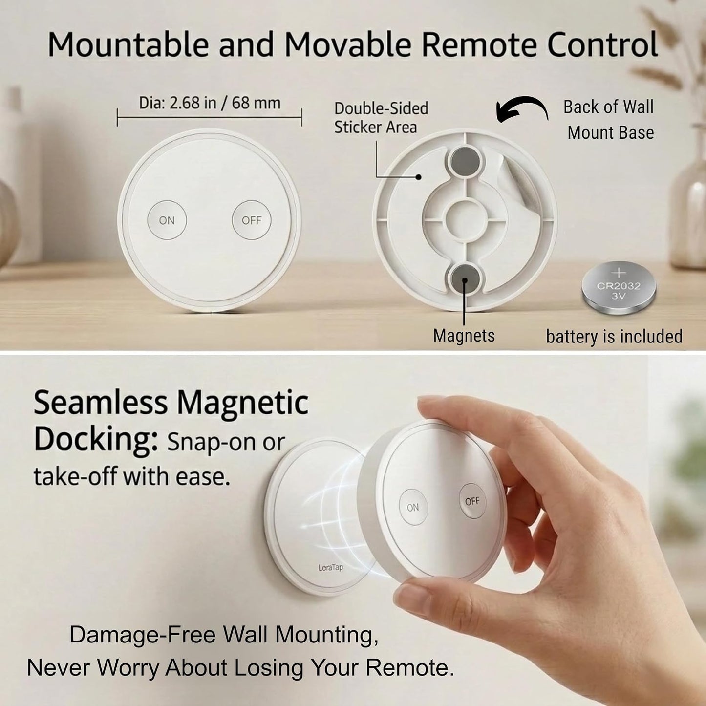 LoraTap Mini Remote Control Outlet Plug Adapter, 656ft Range Wireless Light Switch for Household Appliances, No Hub Required, 10A/1100W, White