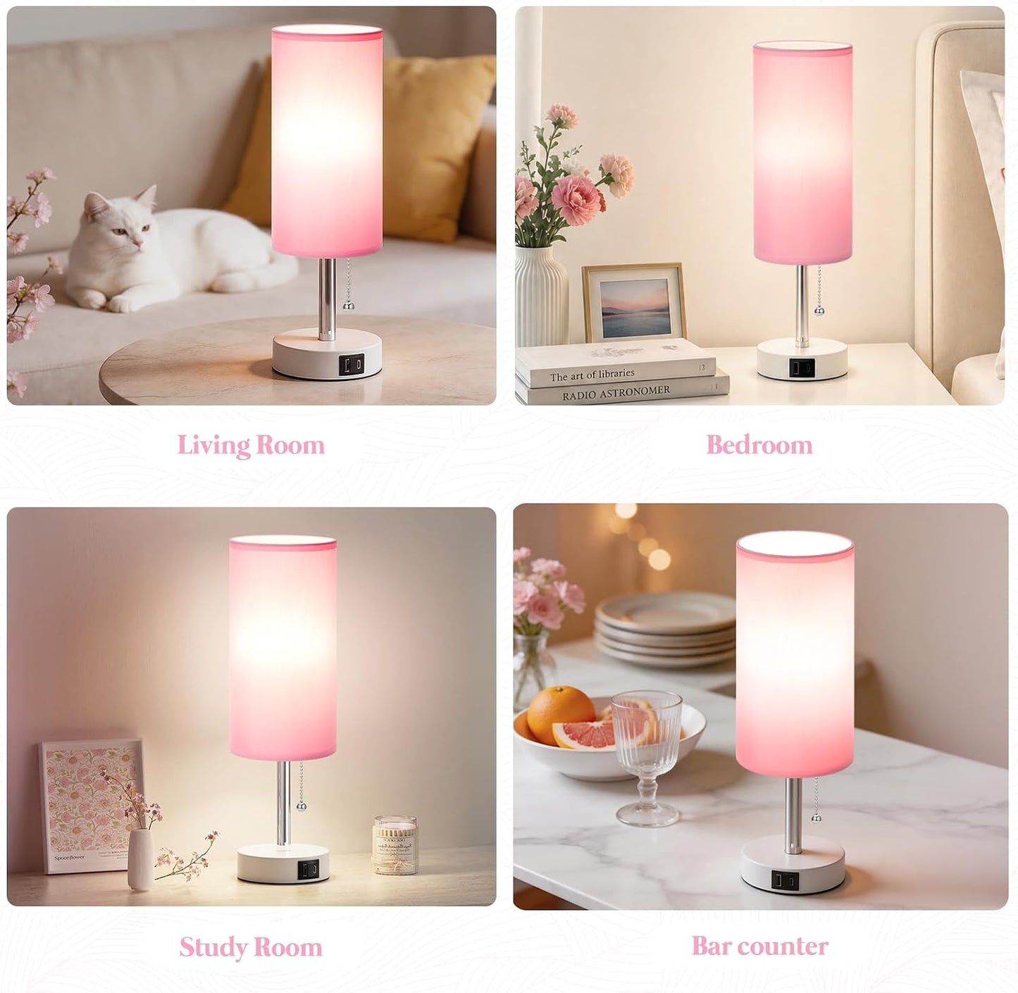 Dicoool Pink Bedside Table Lamp for Girls Bedroom - USB A+C Charging Ports | 3 Color Temperatures, Bulb Included, Pink Fabric Shade, White Metal Base, Cute Pink Room Decor, 14" Desk Lamp for Kids Dorm
