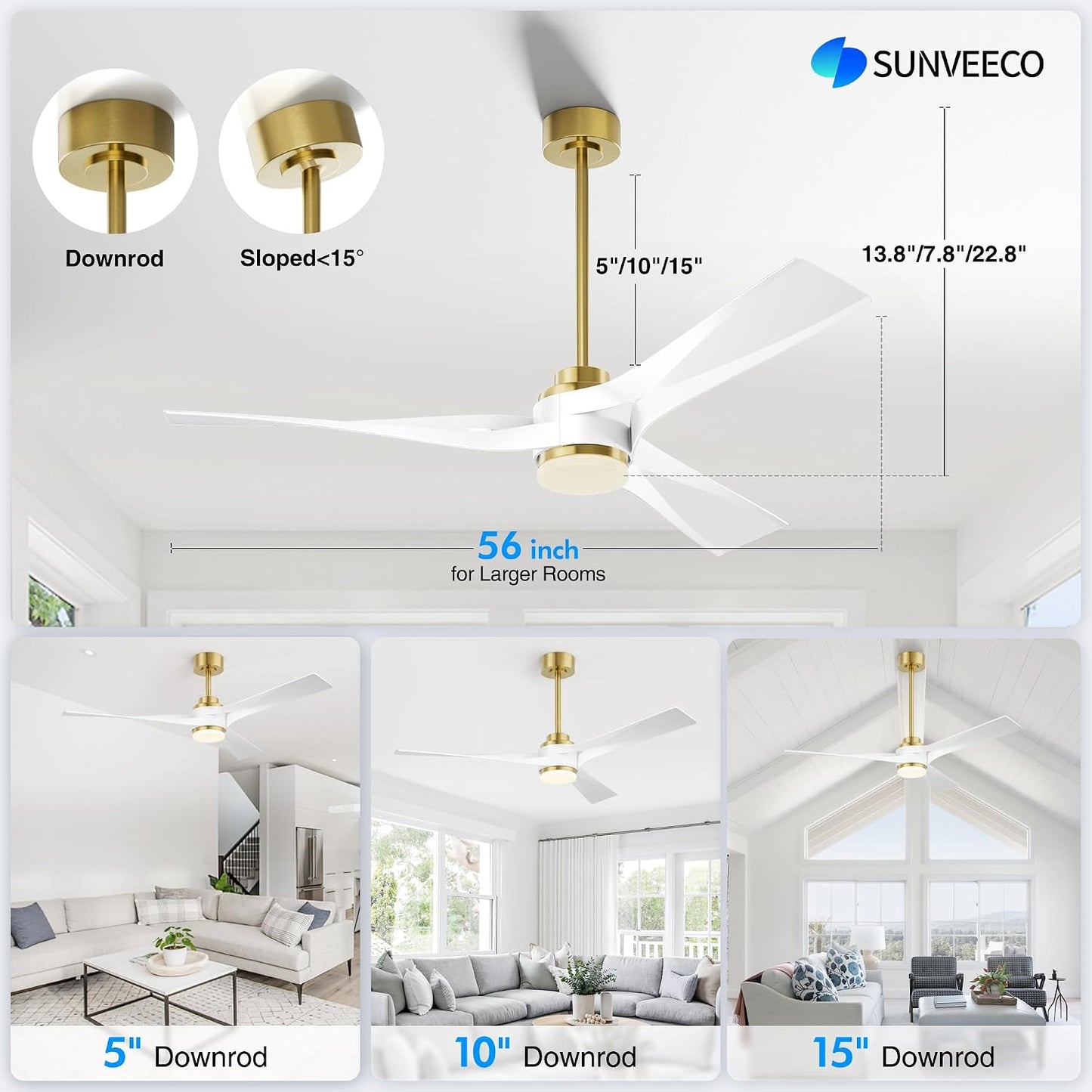 56 inch Modern Smart Ceiling Fan with Light, Gold White Outdoor Ceiling Fans for Patios with Alexa/Google/App and Remote Control, 3 Blade DC High CFM for Indoor Bedroom/Living Room/kitchen Ceiling Fan