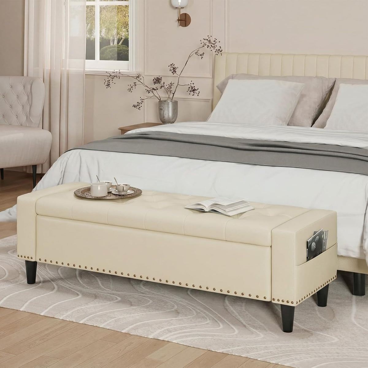 60" storage ottoman bench, faux leather upholstered bed, main product view