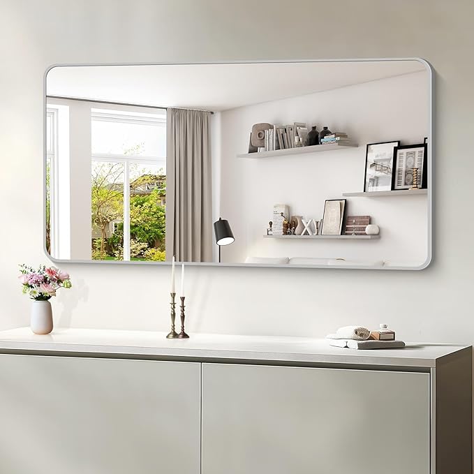 55x30 Inch Silver Bathroom Mirror, Large Rectangular Vanity Mirror, Metal - Image 7