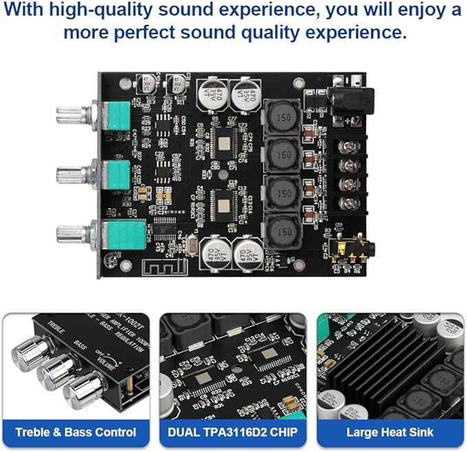 ZK-1002T Bluetooth Amplifier Board 2.0CH 100W*2 Mini Audio AMP - Image 3