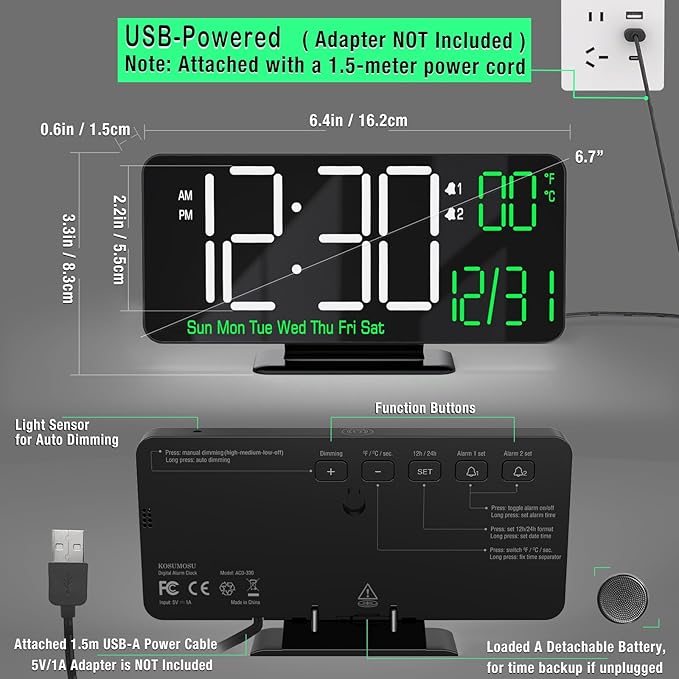 KOSUMOSU Digital Clock for Bedroom, 6.7in Black Alarm Clocks for Bedrooms - Image 5