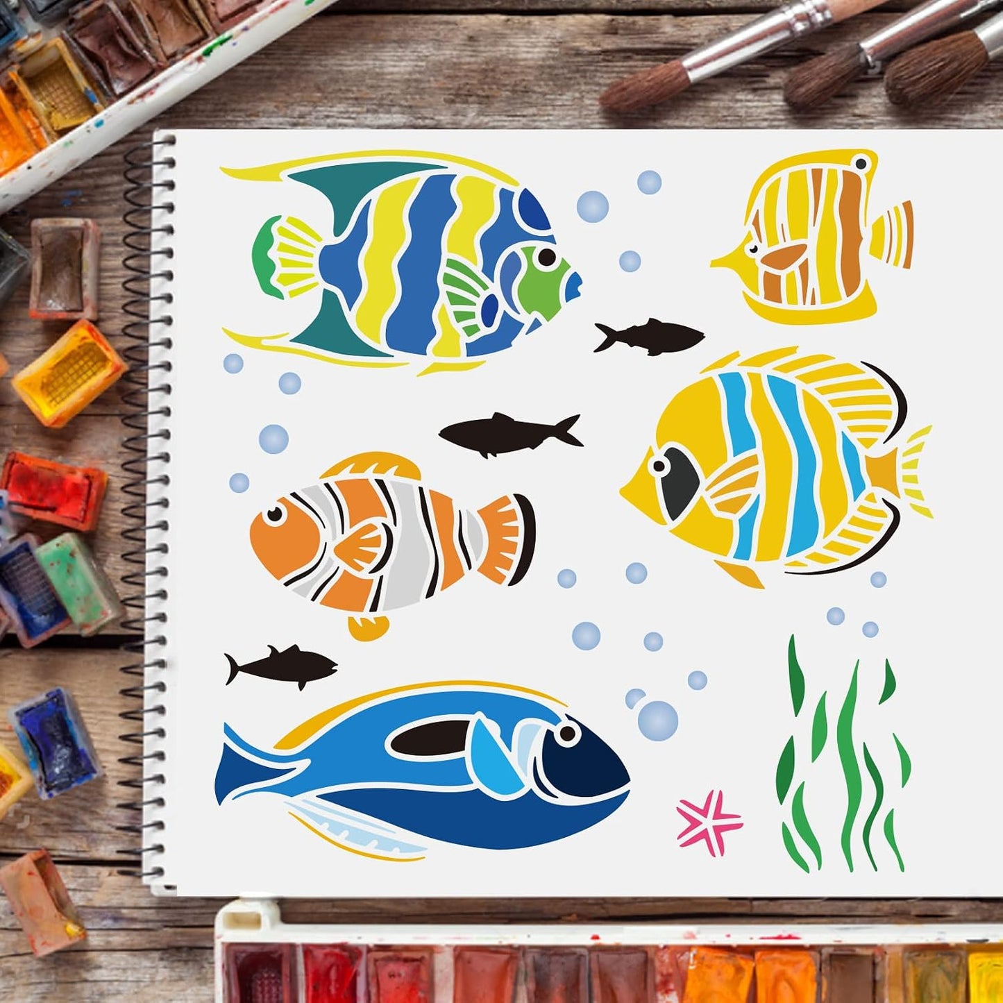 FINGERINSPIRE Tropical Fish Stencil 11.8x11.8in Ocean Sea Animal Stencils | Fish Stencils for Painting Reusable Sea Animal Stencils Sea Creatures Ocean Theme Stencil for Painting on Wood Fabric Wall