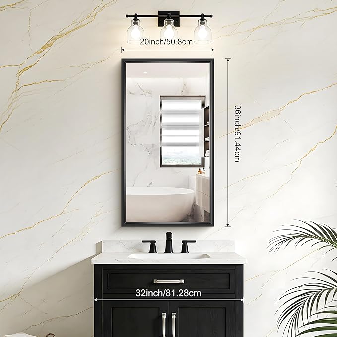 Bathroom Mirrors for Over Sink, 36 x 20 Inch Brushed Black Rectangle Mirror - Image 2