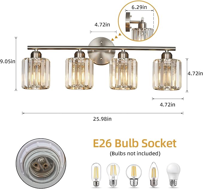 FDPBY Modern 4 Light Crystal Vanity Light, Brushed Nickel Vertical Bathroom - Image 3