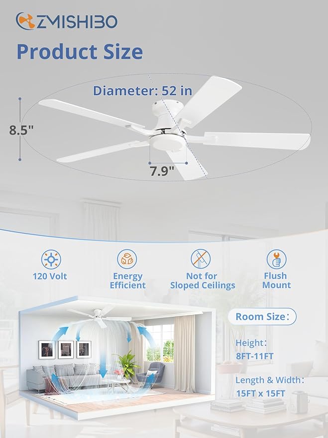 ZMISHIBO 52 Inch Ceiling Fan No Light, Flush Mount Low Profile, Modern White - Image 4