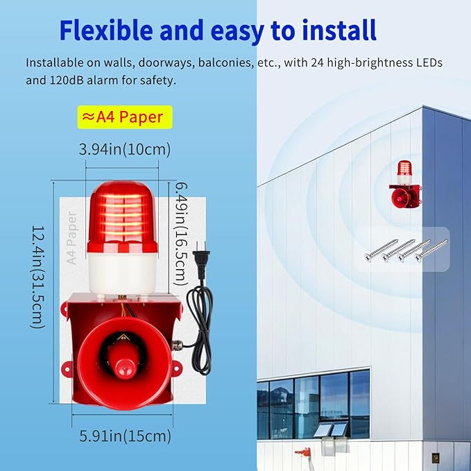 kbaoele AC110V Industrial Siren Alarm Strobe Light-120dB Loud Horn&Red Beacon - Image 6