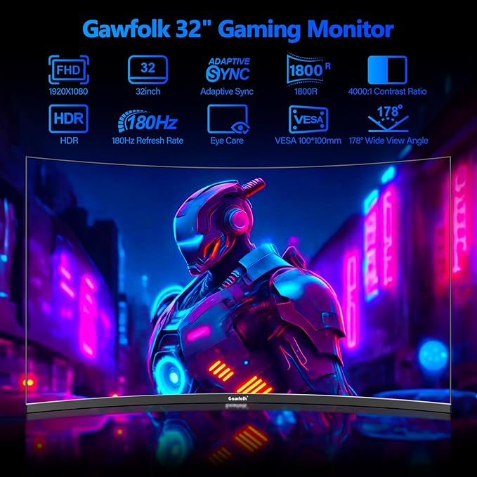 Gawfolk 32 inch Gaming Monitor 1800R Curved Computer Monitors 165HZ / 180HZ PC - Image 2