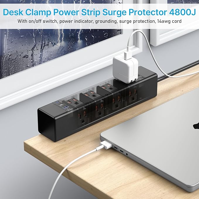 CCCEI Desk Outlet Station 45W USB C Port. 12 Outlet Desktop Clamp Power Strip - Image 7