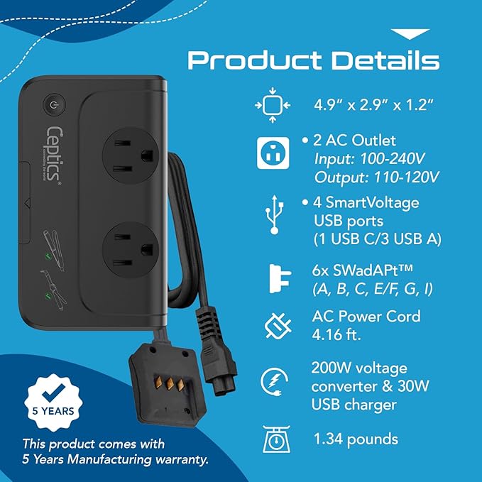 Ceptics - 6 in 1 Travel Adapter and Voltage Converter, 220V to 110V Converter - Image 9