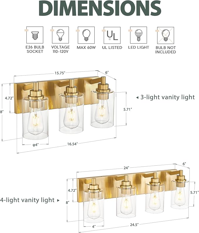 METWET 3-Light Bathroom Light Fixtures, Brushed Gold Vanity Light - Image 3