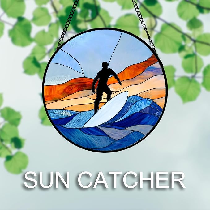 AMDERVEN Stained Glass Window Hanging 4 Pcs Set Blue Ocean Surfing Beach 7.8" - Image 3
