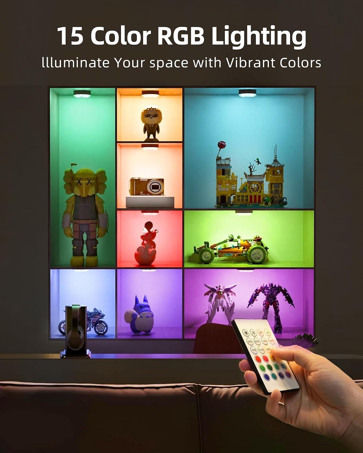 EZVALO 6-Pack RGB Under Cabinet Lights with Remote, Rechargeable Motion Sensor Puck Lights, 3 Color Temps, 12 RGB Colors, Dimmable, Magnetic Stick On Lights for Counters, Closets, Shelves