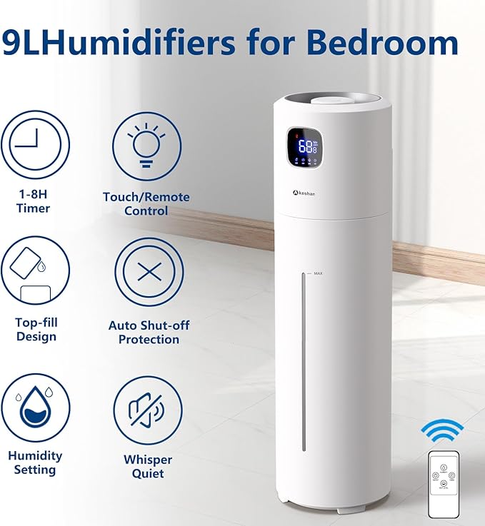 Akeshan Large Humidifiers for Bedroom, 9L/2.5Gal Ultrasonic Cool Mist, Top Fill - Image 2