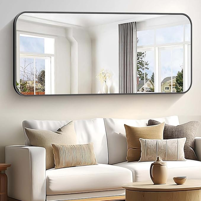Bathroom Mirror, 60 x 30 inch Black Rectangle Wall Mirror, Metal Frame Rounded - Image 3