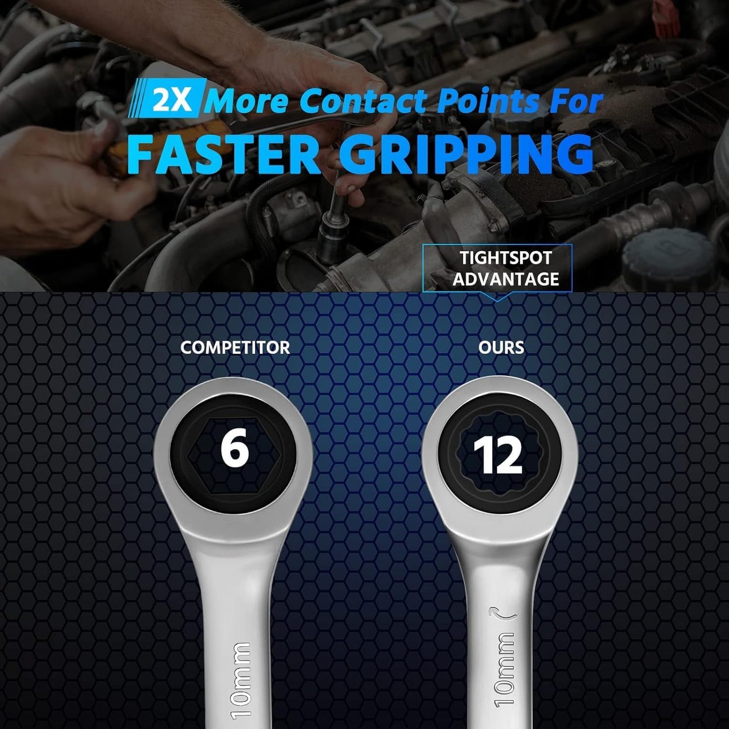 DISEN 10Pcs Ratcheting Wrench Set SAE & Metric Ratchet Wrench Set with Rack Organizer, Premium CR-v Steel, 12 Point, 72 Teeth,Box End and Open End Ratcheting Wrench Set,Metric 10-15mm&SAE 3/8''-5/8''
