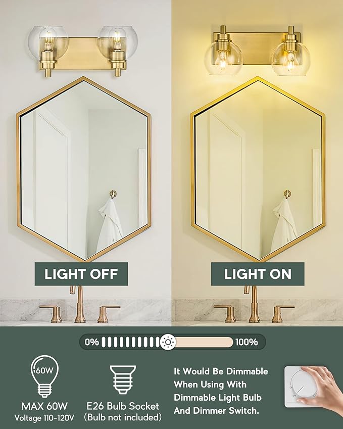 METWET Bathroom Light Fixtures, 2 Light Brushed Gold Vanity Light, Modern Wall - Image 4