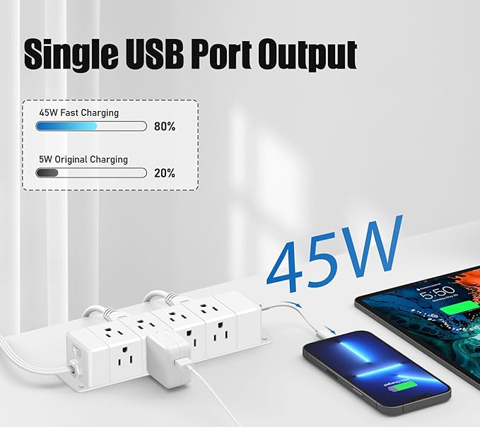 45W USB-C Fast Charging Under Desk Power Strip, 12 Outlet Mountable Power Strip - Image 2