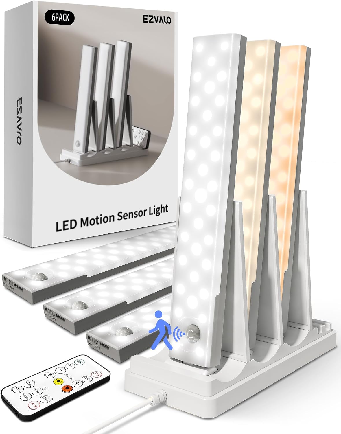 EZVALO 6-Pack Under Cabinet Lighting with Charging Station, 2000mAh Rechargeable Wireless Motion Sensor Lights, 3 Color Temps, Dimmable, Timer, Magnetic, with Remote Control for Kitchen, Closet, Stair