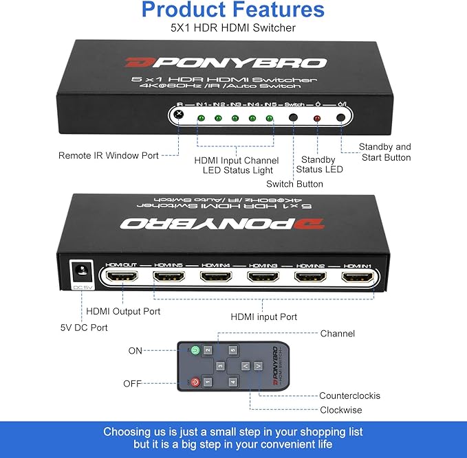 PONYBRO HDMI 2.0 Switch 5 Port 4K@60Hz Auto-Switching – 5 in 1 Out - Image 6
