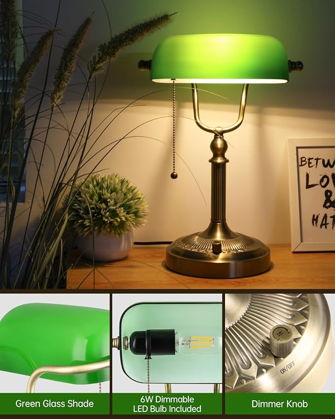 Newrays Green Glass Bankers Desk Lamp, Stepless Dimmable Table Lamp Plug in - Image 3