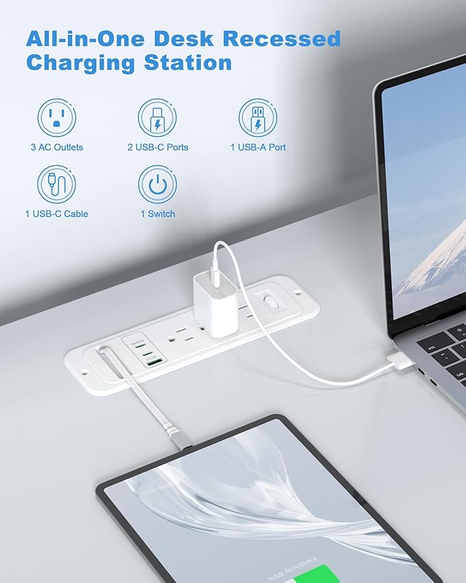 Recessed Power Strip with Retractable USB C Cable, 2 PD 20W USB C, Flush Mount - Image 3