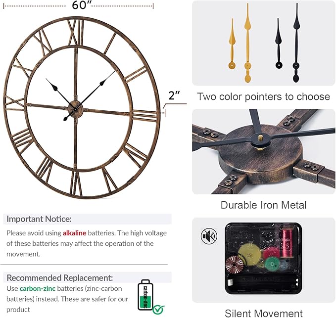 Ohweog Large Wall Clock for Living Room Decor – 60 Inch Silent Non-Ticking - Image 2