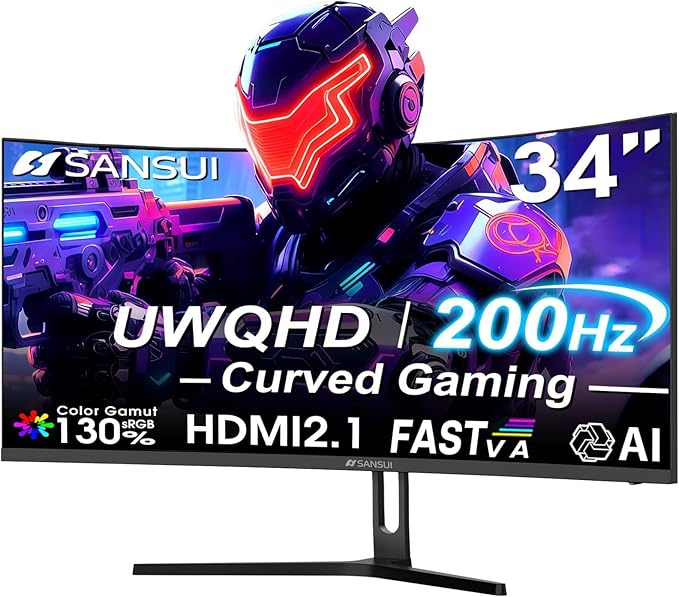 SANSUI 34 Inch UWQHD 200HZ Curved Gaming Monitor, FastVA 3440x1440P Ultrawide by SANSUI