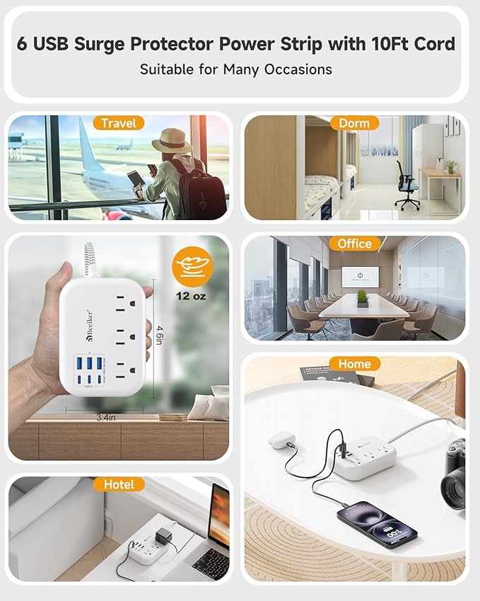 6 USB Surge Protector Power Strip- Extension Cord 10 Ft - Image 6