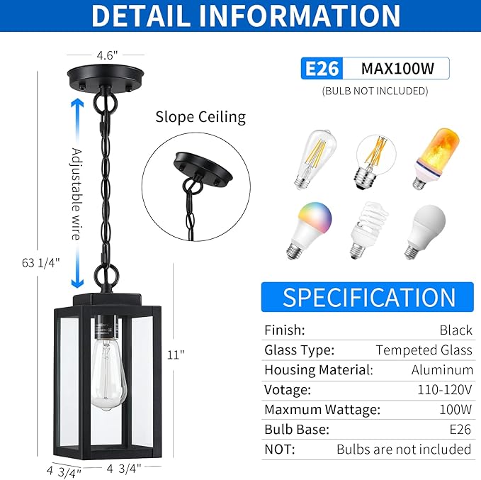 MYHXQ 11'' Outdoor Pendant Light, Modern Outside Chandelier Outdoor Hanging - Image 5