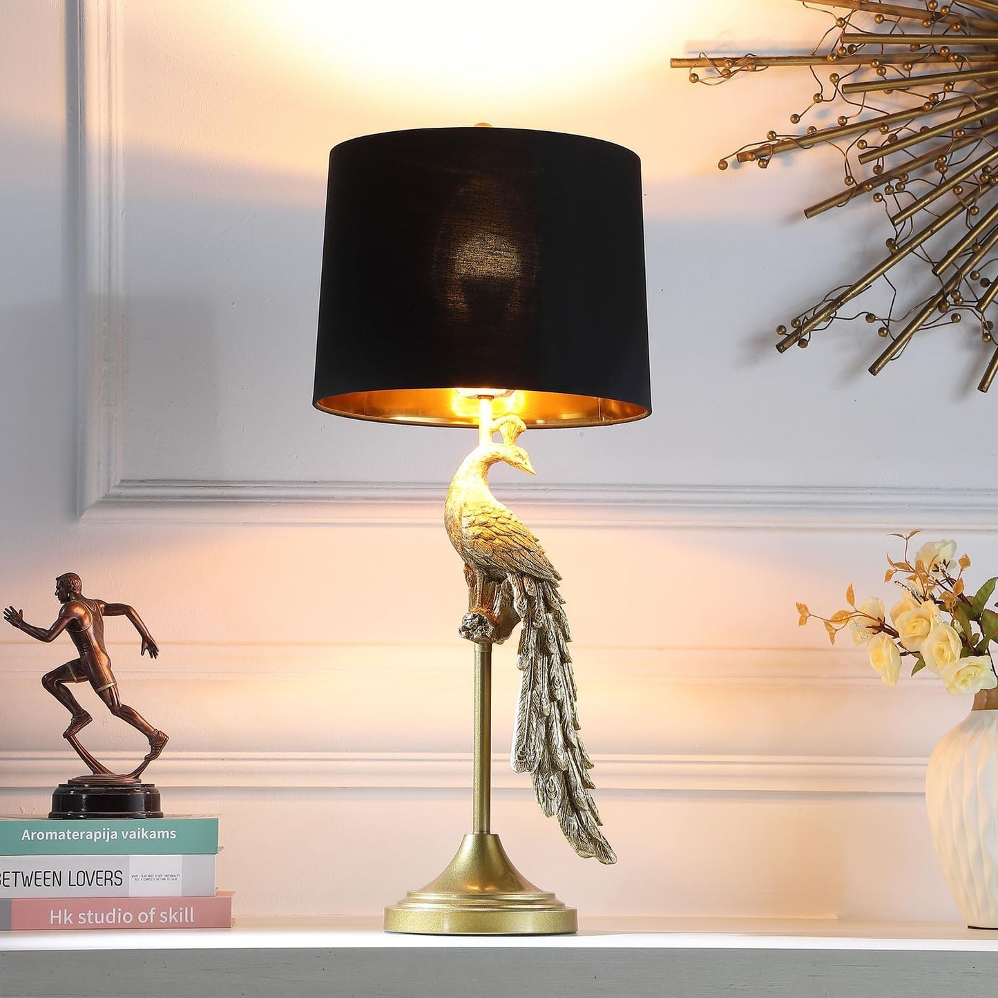 ORE International 29" in Modern Elegance Golden Peacock On A Pedestal Polyresin Table Lamp