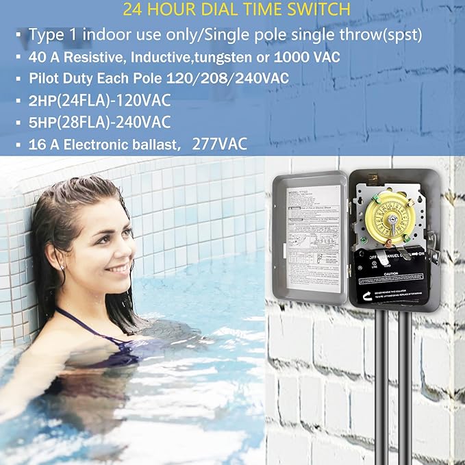 T101M Pool Timer Mechanism Only, Pool Pump Timer, 120V 2HP SPST 40A Time Switch - Image 4