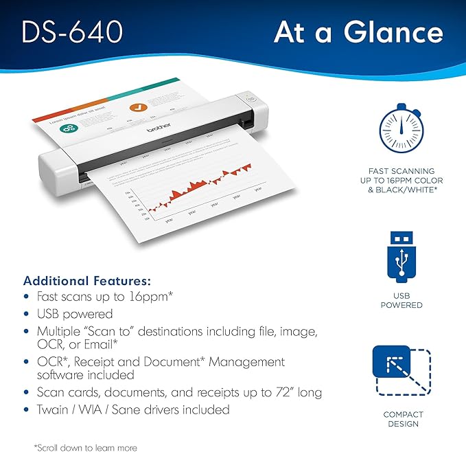 Brother DS-640 Compact Mobile Document Scanner, 1.5"x2"x11.9" - Image 2