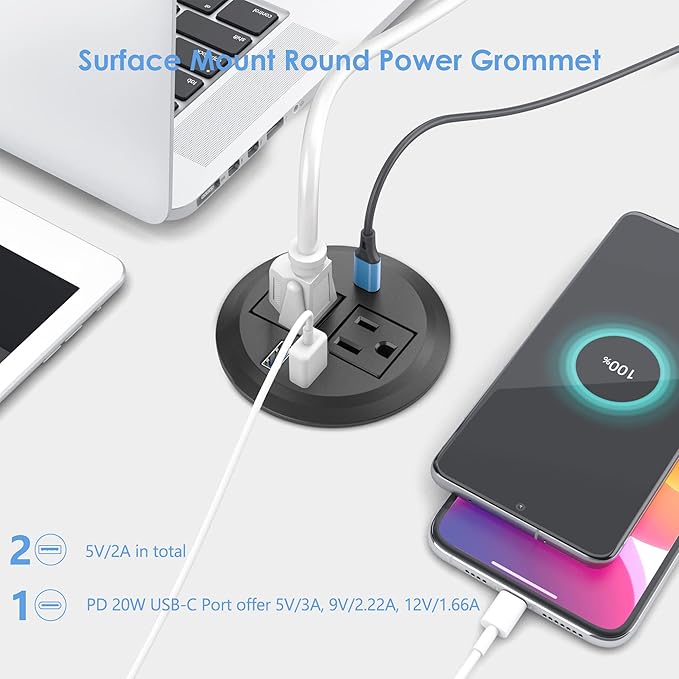 Recessed Power Grommet with AC Outlets, 20W Fast Charging USB-C Port - Image 3