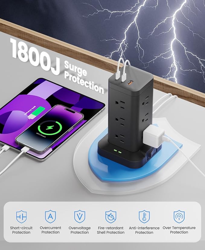 Power Strip Tower with Surge Protector 1800J, Fast Charging Tower PD20W USB-C - Image 5