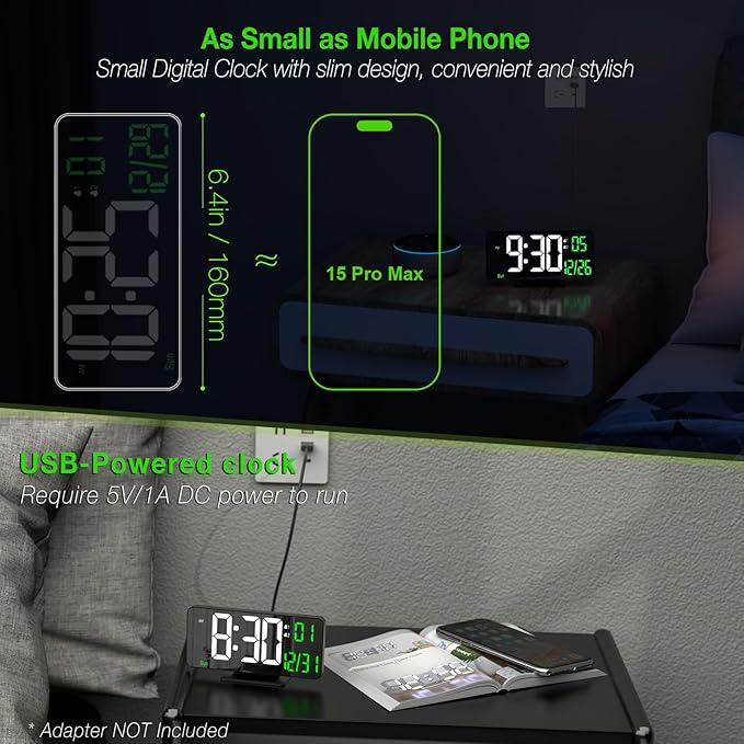 KOSUMOSU Desk Clock 6.7in Black Digital Alarm Clock - Image 3