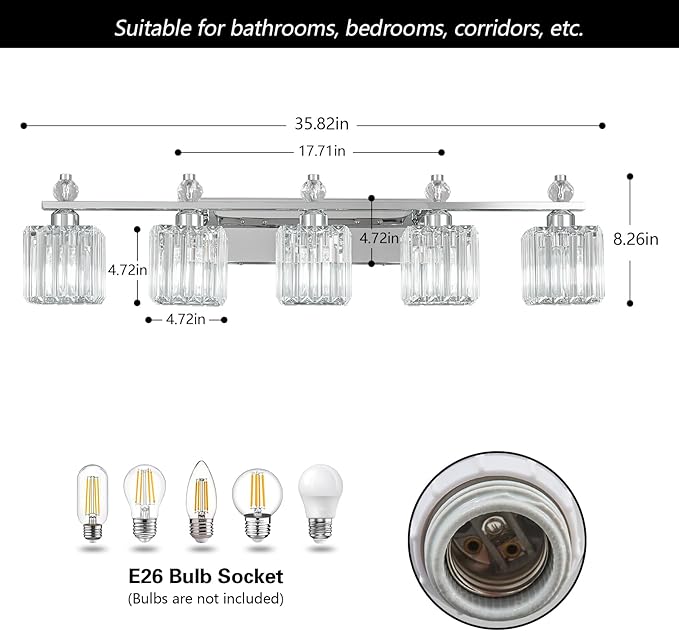 FDPBY Vanity Lights 5-Light Modern Crystal Vanity Light Chrome Bathroom Light - Image 5