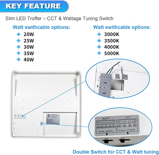 Cortelco 2x2 LED Troffer Light-20W/25W/30W/35W/40W, 4 CCT Selectable - Image 3