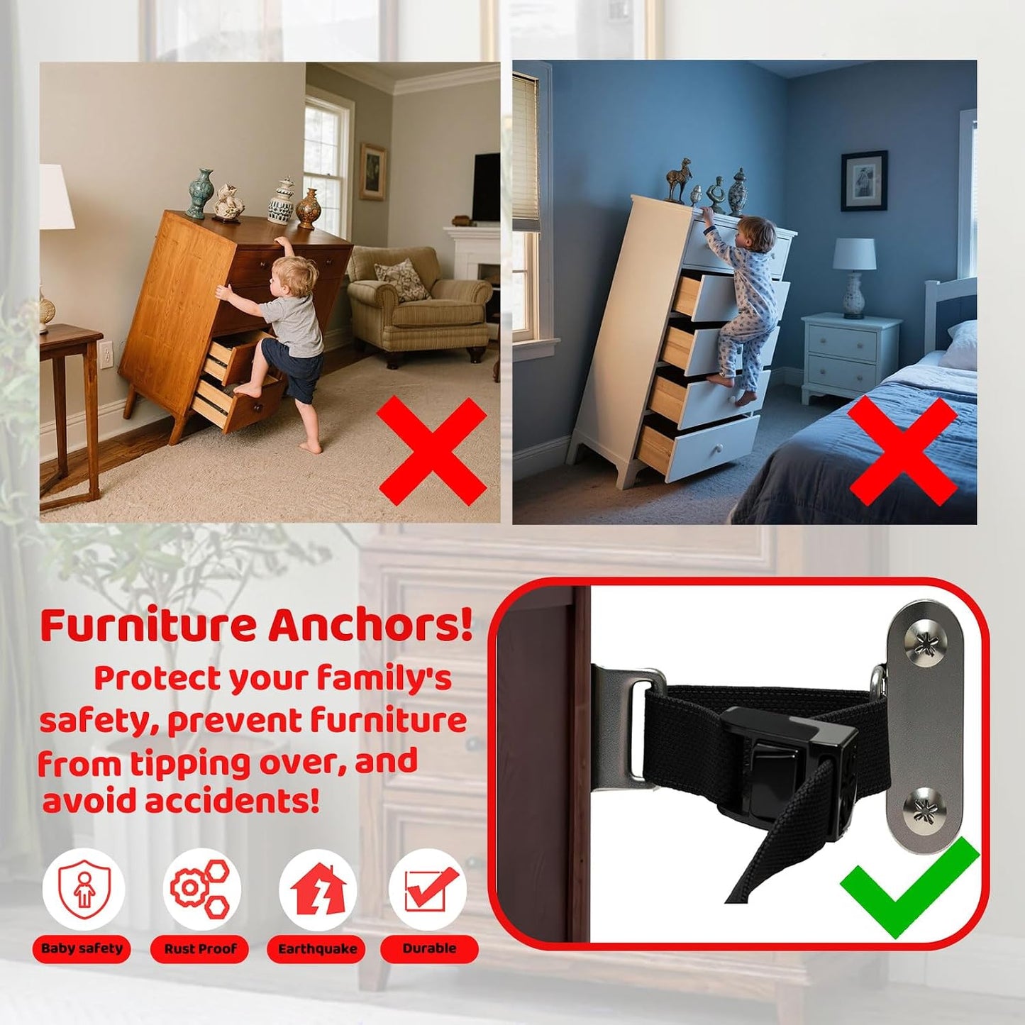 Furniture Anchors (2 Sets) for Baby Proofing,Anti Tip Furniture Anchors,Furniture Wall Anchor,Adjustable Furniture Straps,Wall Anchors for Furniture Securing for Baby&Pet Safety