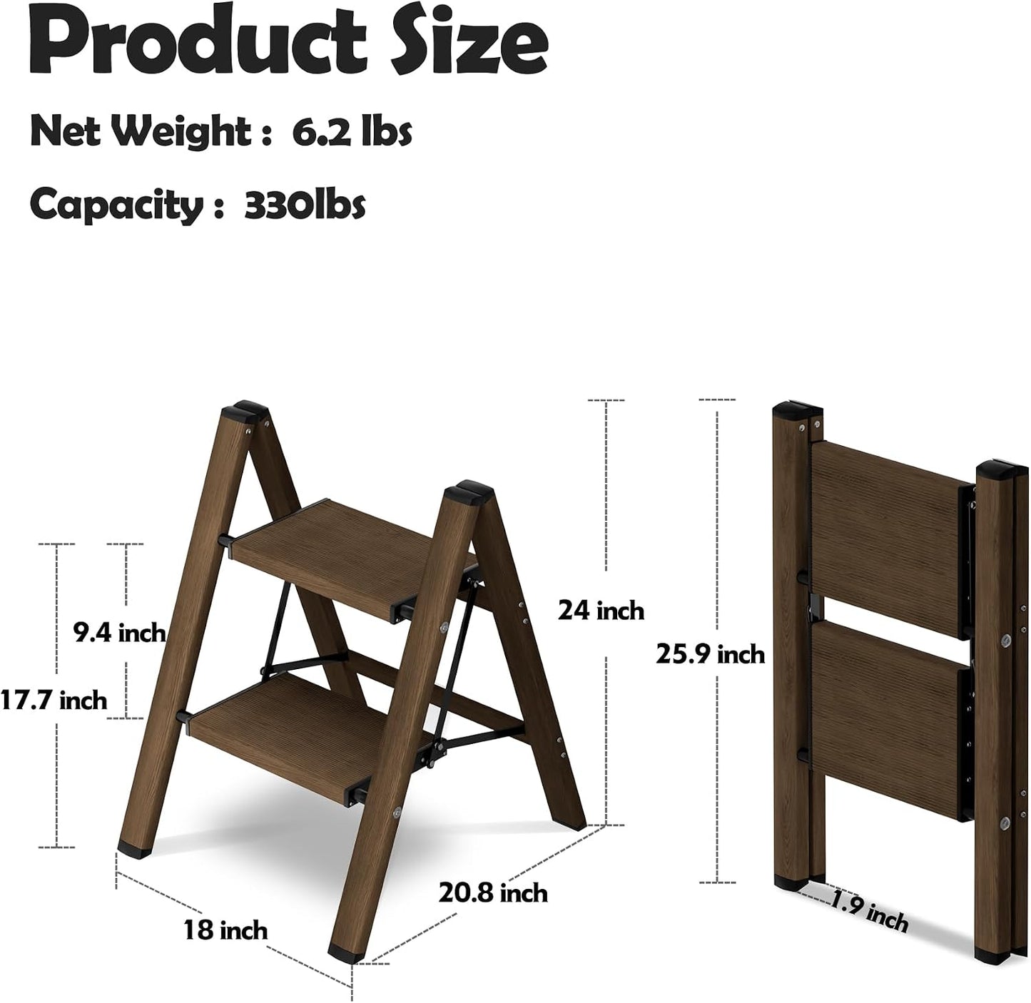 Taranta 2 Step Stool Foldable,Aluminum Step Ladder-Walnut | Lightweight,Wide Anti-Slip Pedals,Folding Step Stool,330lbs Capacity Stepladder for Household,Kitchen,Office