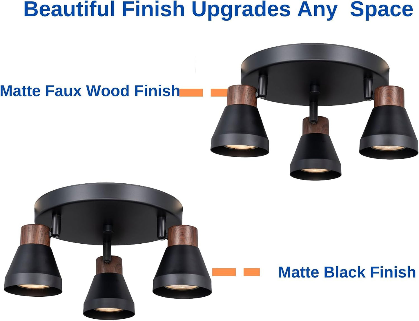 3-Light Modern Track Lighting Kit Black Faux Wood Accent,Adjustable GU10 Flush Mount Ceiling Fixture Pivot Multi-Directional Round Spotlight for Kitchen Bedroom Living Room Home Improvement